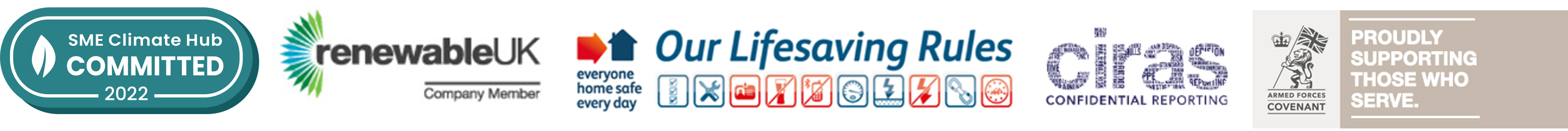 Accreditations including SME Climate Hub Renewable Health and Safety Sustainability Ciras Armed Forces Covenant