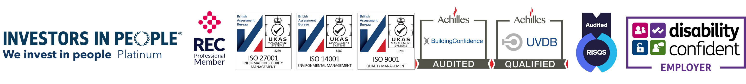 Awards and accreditations including Investors In People REC ISO RISQS Building Confidence and Disability Confidence