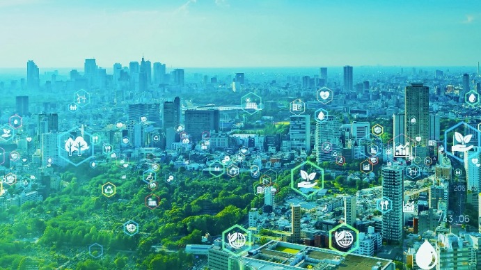 A sustainable city filled with futuristic buildings and trees