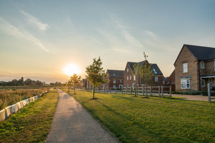 Shot of a path near some new-build, pleasant-looking houses. No anti-social behaviour in sight. Peace.