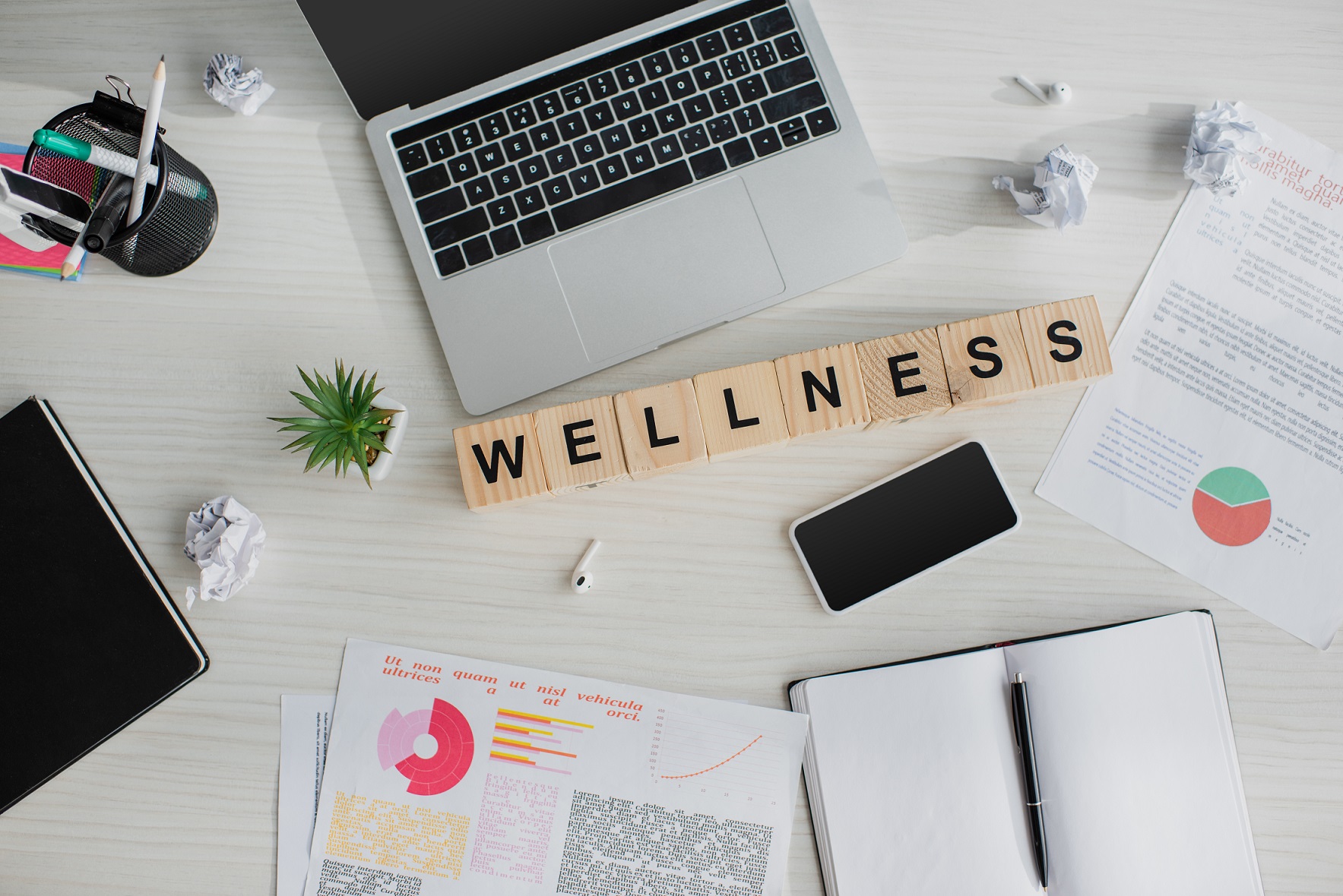 Wellbeing at work, wellness in office, mental and physical health