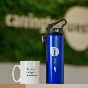 Carrington West logo branded mug and water bottle