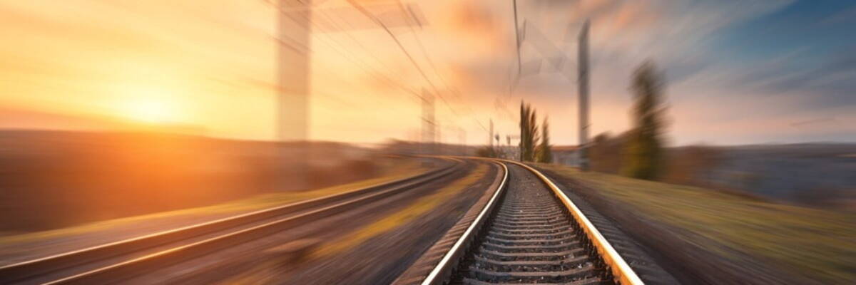 Railway track extending far into the distance with a sunset on the left, blurred to highlight the speed at which the camera is travelling on the train tracks