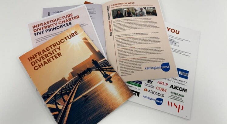 Materials from the Infrastructure Diversity Charter, an industry agreement by Infrastructure Matters which holds built environment employers responsible for implementing inclusive hiring strategies.