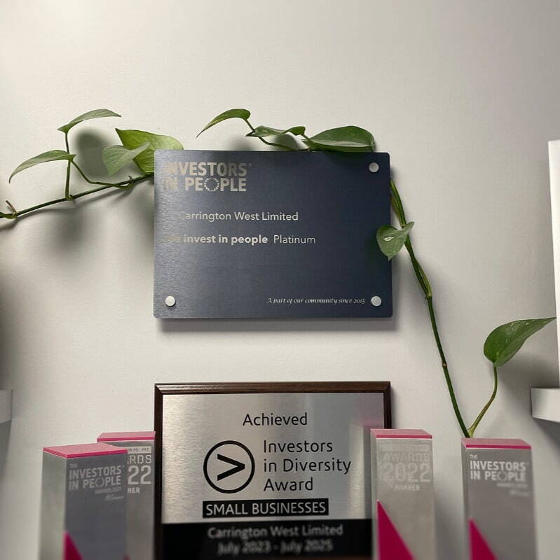 Carrington West's Investors in People and Wellbeing Awards display